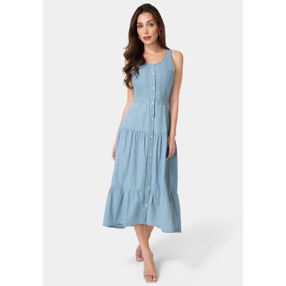 Bebe Womens Light Wash Denim Tiered Button Front Midi Dress Blue Size L NWT